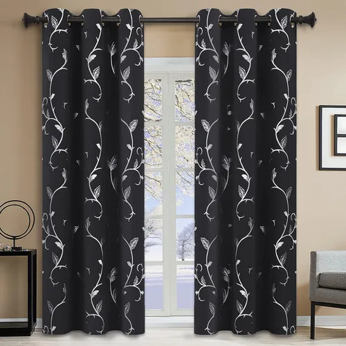 Vista 109 de BUHUA Juego de 2 paneles de cortinas opacas con estampado de vid plateada, cortinas con aislamiento térmico para oscurecer la habitación