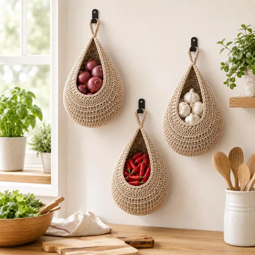 Vista 6 de Cestas de frutas colgantes para cocina, paquete de 3 cestas de L-Lino Claro