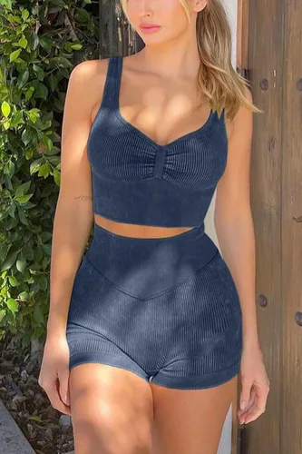 Vista 4 de Mulisky Conjuntos de entrenamiento para mujer 2 piezas acanaladas sin costuras brasier deportivo de cintura alta pantalones cortos para correr