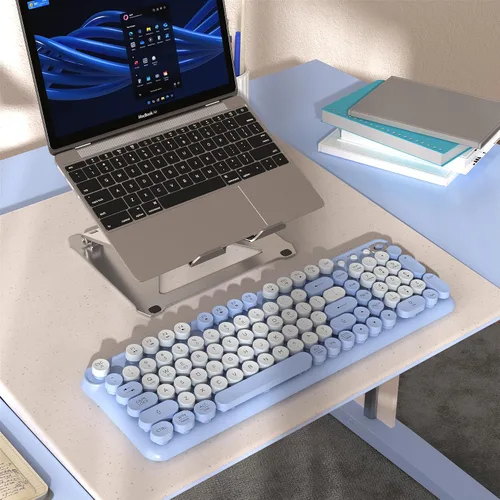 Vista 4 de Teclado Bluetooth inalámbrico, teclas redondas retro de tamaño Azul