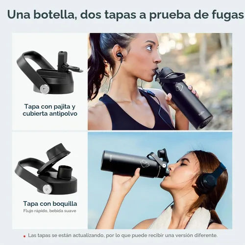 Vista 3 de BUZIO Botella de agua aislada de 24 oz, frasco de agua de boca ancha de acero inoxidable con tapa de pajita, frío durante 48 horas a prueba de Negro
