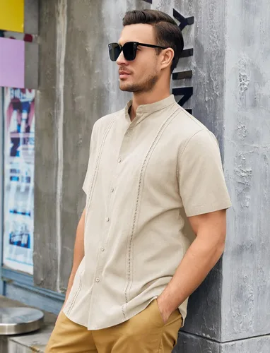Vista 2 de Ryannology Camisas guayabera de lino de manga corta con botones para hombre, estilo casual, playa, campamento cubano, camisa mexicana para hombre