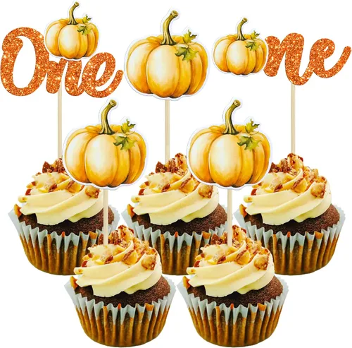 Vista 27 de 24 adornos de calabaza para cupcakes con purpurina para otoño, hojas, flores, calabaza, cupcakes, decoración de pasteles para Halloween, decoración