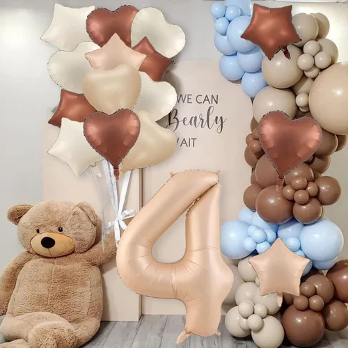 Vista 5 de Globos de 40 pulgadas con el número 4, 19 globos grandes de aluminio con número de helio con globos de corazón neutros color crema caramelo, beige