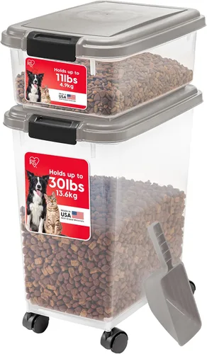 Vista 13 de IRIS USA Contenedor hermético de almacenamiento de comida para perros combinado de 30 libras y 11 libras, caja apilable para premios, cuchara de 2