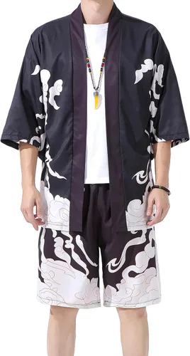 Vista 9 de PRIJOUHE Mens Kimono Two Piece Set Japanese Yukata Summer Beach Outfits