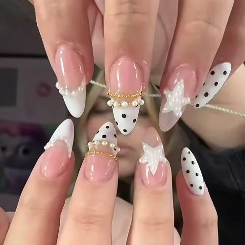 Vista 13 de Uñas postizas a presión, uñas postizas medianas con diseño de almendra, 24 A-1