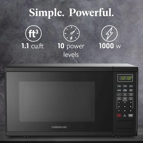 Vista 2 de Farberware - Horno microondas de encimera de 1.1 pies cúbicos – 1000 vatios de potencia, configuraciones de cocción automática, descongelación, Negro