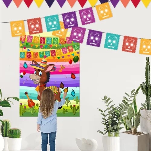 Vista 5 de NEBURORA Pin The Tail on The Donkey Juego de burro mexicano con 24 colas para fiesta del Cinco de Mayo, fiesta mexicana, fiesta temática de taco