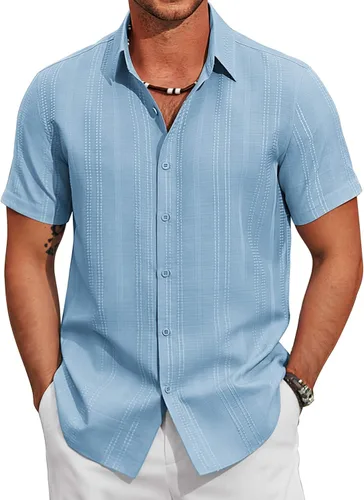 Vista 12 de COOFANDY Camisas casuales con botones para hombre, de manga corta, para verano, playa, texturizadas
