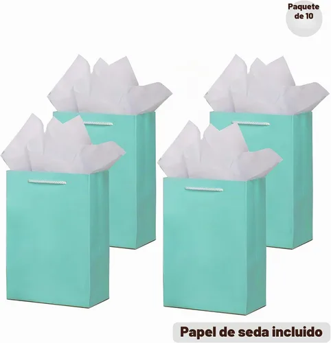 Vista 9 de SHIPKEY Paquete de 10 bolsas de regalo verde aguamarina con papel de seda bolsa de regalo de dama de honor de 8 x 4 x 11 pulgadas, bolsa de papel