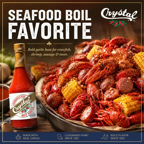 Vista 7 de Crystal Louisiana's Pure Hot Sauce con ajo, 12 onzas, pimientos de cayena añejos, calor medio, sabor Gumbo a Bloody Mary's