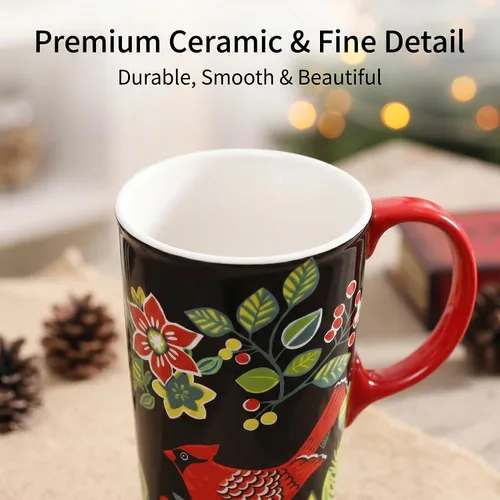 Vista 5 de Taza de viaje de cerámica de 17 onzas con tapa y caja de regalo, taza de café cardenal de arte popular, taza de té de porcelana de pájaro