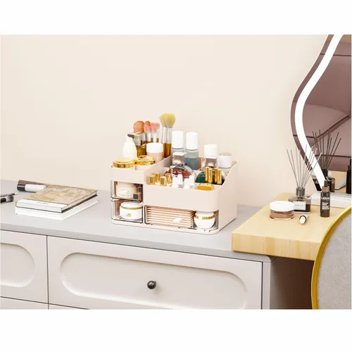 Vista 8 de Organizadores de maquillaje rosa para tocador con 3 cajones, organizadores grandes para el cuidado de la piel para encimera, escritorio, aparador