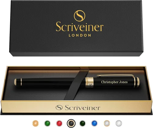 Vista 27 de Scriveiner Bolígrafo Rollerball de Laca Negra - Impresionante Bolígrafo de Lujo, Chapado en Oro Real, Repuesto de Tinta Schmidt, El Mejor Set de 1.