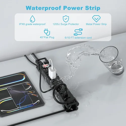 Vista 2 de HEZI IPX6 - Regleta de alimentación para exteriores resistente a la intemperie, 1200J, negro, 6 pies Tira de alimentación de metal, cable
