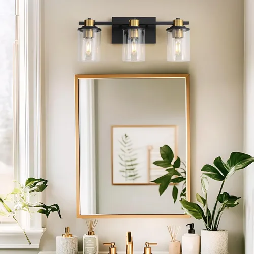 Vista 9 de LOUSACE Lámpara de baño negra y dorada, 3 luces de tocador de baño, moderna luz de baño sobre espejo con pantallas de vidrio transparente, enchufe
