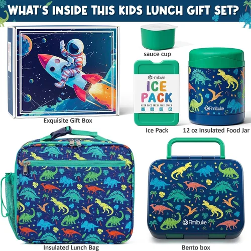 Vista 3 de Fimibuke Lonchera Bento de 32 onzas para niños con termo de 12 onzas, bolsa de almuerzo aislada y bolsa de hielo, contenedor de comida de 3