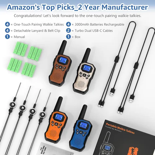 Vista 2 de Radios de 2 vías para adultos Walkie Talkies de largo alcance para niños, recargable, paquete de 4, camping, senderismo, esquí, equipo de crucero