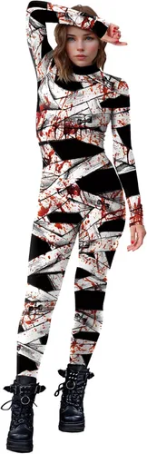 Vista 5 de Sister Amy Disfraz de esqueleto de calavera para mujer de Halloween, traje ajustado de una pieza J-colorido esqueleto