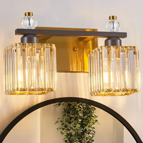 Vista 23 de Luces de Tocador de Baño de 3 Luces, Placado Negro, Modernas Luces de Tocador de Cristal para Baño, Luces de Tocador de Cristal para Usar Sobre