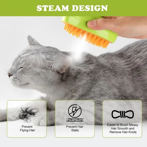 Vista 3 de Cepillo de vapor para gatos, 3 en 1, peine de eliminación de pelo de mascotas con vaporizador, peine Spritz para perros, espray de pulverización