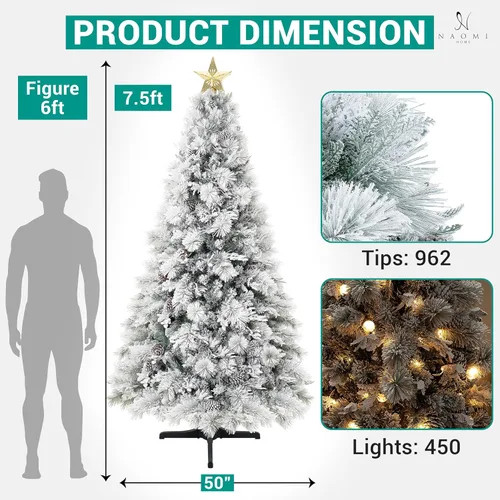 Vista 4 de Naomi Home Darla - Árbol de Navidad flocado de nieve preiluminado de 7.5 Árbol de pino
