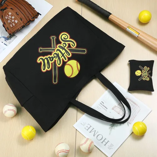 Vista 6 de Hillban 2 piezas de softbol bolsa de maquillaje de softbol bolsa de lona casual de gran tamaño bolsa de cosméticos bolsa grande deportes mamá bolsa