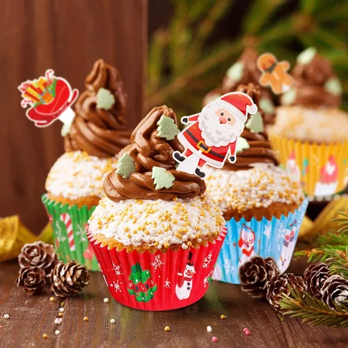 Vista 6 de Forros de cupcakes de Navidad con adornos y púas, envoltorios estándar desechables para cupcakes, tazas para hornear, forros para magdalenas