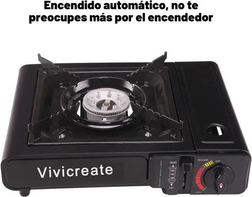 Vista 4 de Vivicreate Estufa de gas butano portátil de 8500 BTU para acampar, cocinar al aire libre, quemador portátil ligero con encendido automático, estufa