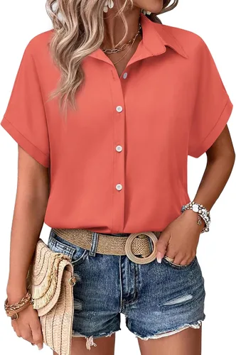Vista 10 de Camisas con botones para mujer, ajustadas, de manga corta, con cuello, sin arrugas