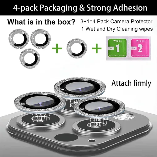 Vista 6 de Paquete de 4 protectores de lente de cámara compatibles con iPhone 15 Pro / 15 Pro Max, protector de lente de cámara Bling Glitter, protector