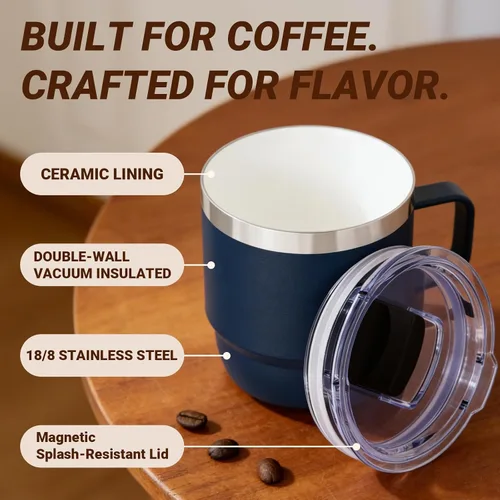 Vista 2 de Taza de café pequeña de 8 onzas con tapa deslizante magnética y asa, acero inoxidable 18/8 con forro de cerámica, doble pared aislada al vacío