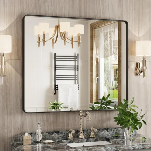 Vista 29 de JISOSO - Espejo de baño negro de 20x30 pulgadas con marco de metal negro, espejo de tocador rectangular redondeado con acabado mate para pared