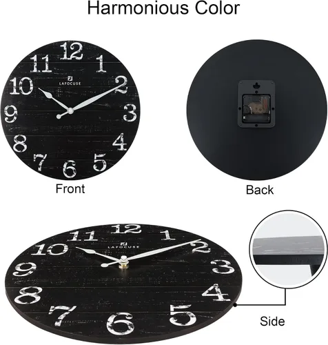 Vista 5 de Lafocuse Relojes de pared negros silenciosos de 12 pulgadas para decoración de cocina, sala de estar, reloj de pared rústico de madera, funciona