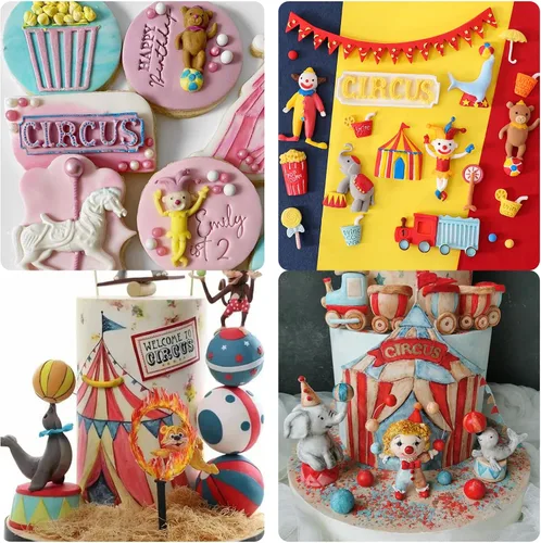 Vista 6 de Moldes de silicona para fondant de circo, 2 unidades, moldes de chocolate de elefante payaso, molde de cocina para hornear para decoración