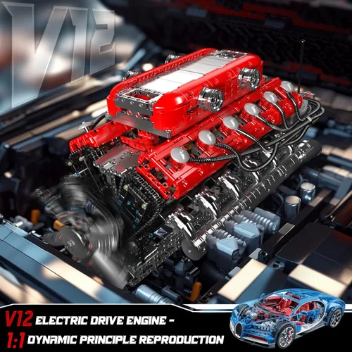 Vista 2 de Mould King Kit de modelo de motor V12 que funciona – Juego de bloques de construcción de mini motores motorizados con batería y cambio de marchas