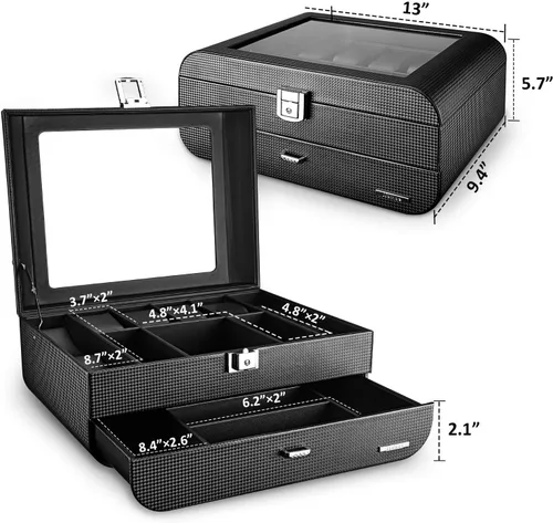 Vista 4 de Homde Caja de reloj con diseño de arco de fibra de carbono, organizador de joyas de lujo con cajón, parte superior de cristal y cerradura
