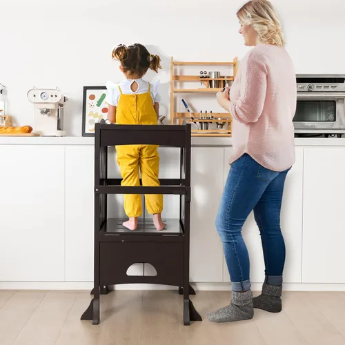 Vista 9 de HONEY JOY Taburete de cocina para niños pequeños, torre de pie de madera con barandilla de seguridad, taburete de aprendizaje plegable Montessori