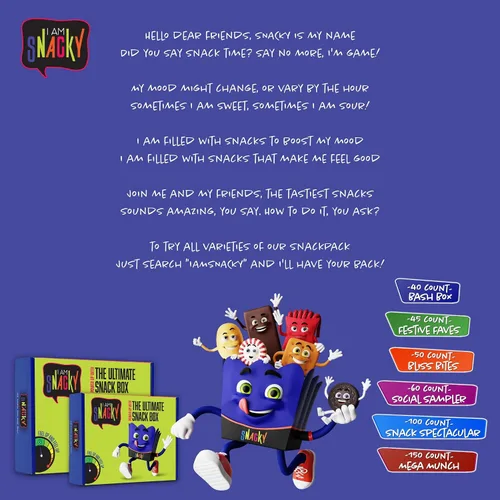 Vista 7 de I AM Snacky - Caja de aperitivos paquete variado de cuidado + tarjeta de felicitación - Caja de aperitivos (40 unidades) Cesta de regalo de dulces