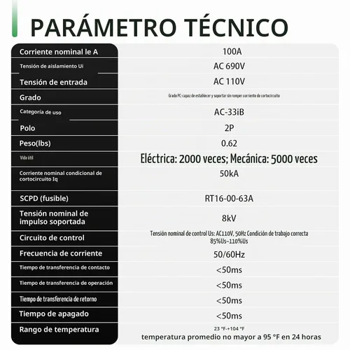 Vista 7 de 100Amp AC110V Interruptor de Transferencia Automático/Manual 2P 50/60Hz, 2POLE 100A Mini ATS Interruptor Solar Auto de Energía Dual para Generador