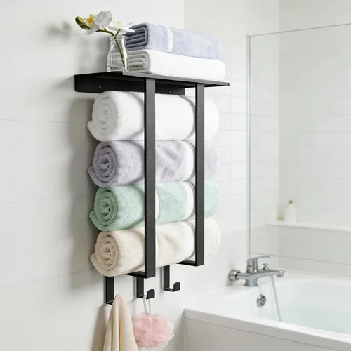 Vista 2 de Toalleros para baño, toallero con estante y 3 ganchos, soportes de almacenamiento de toallas de pared para toallas de baño enrolladas, color negro