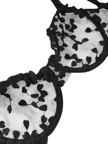 Vista 3 de Lilosy Sexy Underwire Lindo Push Up Strappy Bordado Malla Sheer Lencería Set Ver a Través Sujetador Panty, Lazo negro