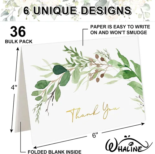 Vista 2 de Whaline Greenery - Tarjetas de agradecimiento a granel, paquete de 36 tarjetas de felicitación de eucalipto de papel dorado con sobres, calcomanías