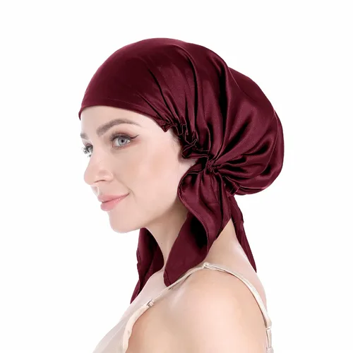 Vista 10 de SissiLita Gorro de seda 100% para dormir, gorro de seda grande con banda de amarre para el cuidado del cabello rizado (azul)