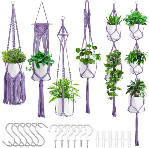 Vista 11 de SFENNGPET - Paquete de 6 perchas de macramé para plantas, juego de 6 perchas colgantes para plantas de interior con kit de 6 perchas hechas a mano