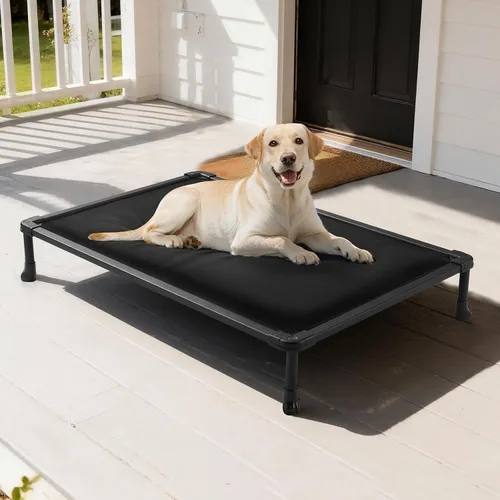 Vista 11 de Veehoo Cama elevada para perros a prueba de masticaciones, catre elevado duradero para mascotas con tapete impermeable relleno de algodón de Gris