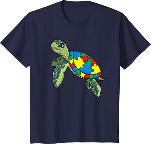Vista 35 de Turtle Puzzle Pieces for Autism Awareness Kids Women Teacher T-Shirt Asphalt Grey