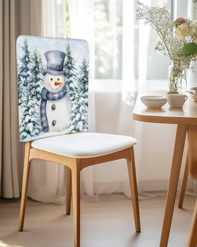 Vista 2 de Paquete de 4 fundas para respaldo de silla de muñeco de nieve de Navidad azul para sillas de comedor, lavables y extraíbles, protector de silla