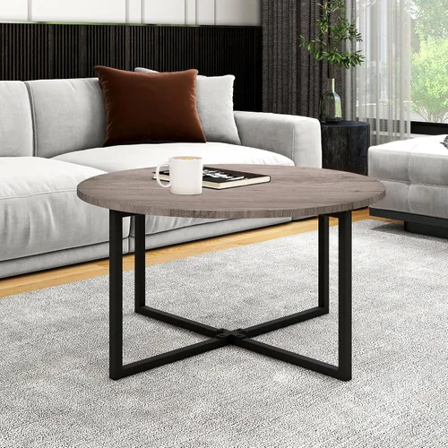 Vista 9 de HOMERECOMMEND - Mesa de centro redonda para sala de estar, color negro y gris Accent Center Table for Living Room Tea Desk with Black Metal Legs